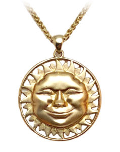This 14kyellow gold smiling sun face shines its rays all day long.  The pendant is approximately the size of a dime. Call for pricing (#437-0441)

