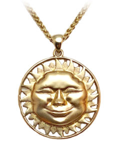 This 14kyellow gold smiling sun face shines its rays all day long.  The pendant is approximately the size of a dime. Call for pricing (#437-0441)
