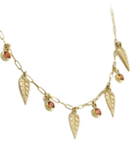 This 14k yellow gold small willows necklace features graceful willow leaves and orange sapphires.  call for pricing (#235-00158)
