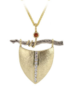 This 18k yellow and white gold “Seed Pod” pendant is set with a 0.10 carat sapphire and white brilliant diamonds (0.27 ctw). call for pricing (#165-0091)

