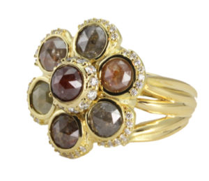 This campy ring is set with raw gray diamonds (3.72 ctw).  These stones are accent with brilliant white diamonds (0.19 ctw). call for pricing (# 130-01101)

