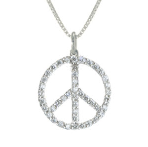 From the archives, but never out of date, our 14k white gold and diamond peace sign.  The pendant is approximately the size of a dime. Call for pricing (# 160-0832)
