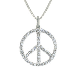 From the archives, but never out of date, our 14k white gold and diamond peace sign.  The pendant is approximately the size of a dime. Call for pricing (# 160-0832)
