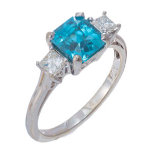 This beautiful 2.09 carat blue zircon is set in 14k white gold and is accented by 2 brilliant white diamonds (0.40ctw). Call for pricing (#200-1605)

