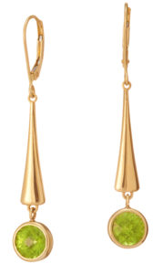These 14k yellow gold earrings feature round faceted peridots (2.7ctw). These svelte earrings hang approximately 2″. Call for pricing (#210-1395)

