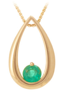 This classic 14k yellow gold teardrop pendant features a 0.36 carat emerald.  Call for pricing (#230-1393)

