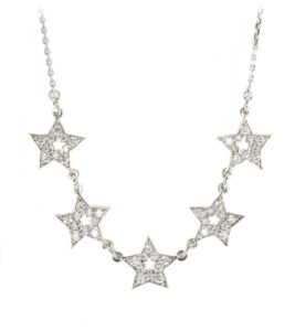 This 14k white gold necklace features 5 shining stars, 0.44 ctw of brilliant white diamonds. Call for pricing (#165-0107)
