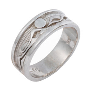 Keep the mountains with you always by wearing this striking 7.5 mm wide 14k white gold mountain band. Call for pricing (#405-00594)
