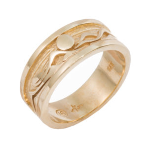 Keep the mountains with you always by wearing this striking 7.5 mm wide 14k yellow gold mountain band. Call for pricing (#405-435)
