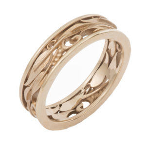 This 6mm wide 14k gold band is carved with a lovely rambling vine motif. Call for pricing (# 405-0503)
