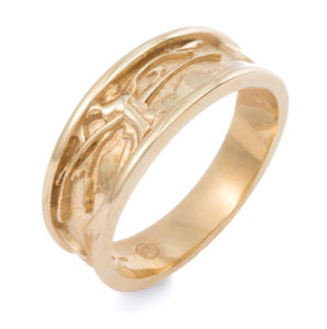 This 14k gold band is carved with the image of a branching tree.  The band is approximately 7mm in width and tapers to approximately 5mm in the back.  Call for pricing (#410-0288)

