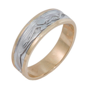 This handsome mountain band features a white gold center and yellow gold rims.  The ring is approximately 7 mm in width. Call for pricing (#400-2197)

