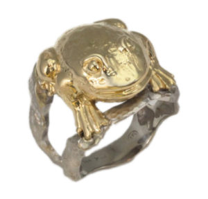 This happy 14k yellow gold frog sits sedately on a 14k white gold branch. Ribbit! Call for pricing (#130-1140)
