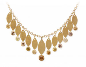 You’ll shimmer as you walk, wearing this 14k yellow gold necklace.  Each brushed gold leaf is set with a sparkling cognac or brilliant white diamond (0.75 cwt.). call for pricing (#165-00093)
