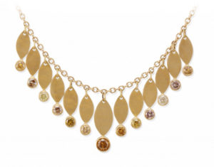 You’ll shimmer as you walk, wearing this 14k yellow gold necklace.  Each brushed gold leaf is set with a sparkling cognac or brilliant white diamond (0.75 cwt.). call for pricing (#165-00093)
