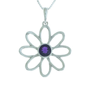 This sweet 14k white gold daisy is set with an amethyst center stone.  The daisy is approximately 5/8″ in diameter. Call for pricing (#230-1584)

