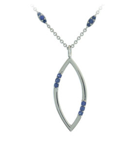 This lovely 14k white gold flower petal pendant is accented with tiny blue sapphires.  Sapphires also accent the 18” cable chain. The pendant is approximately 1 ¼” in length and ½” wide. Call for pricing (#230-1588)
