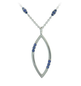 This lovely 14k white gold flower petal pendant is accented with tiny blue sapphires.  Sapphires also accent the 18” cable chain. The pendant is approximately 1 ¼” in length and ½” wide. Call for pricing (#230-1588)
