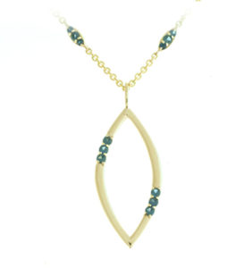This lovely 14k yellow gold flower petal pendant is accented with tiny blue sapphires.  Sapphires also accent the 18” cable chain. The pendant is approximately 1 ¼” in length and ½” wide. Call for pricing (#230-1589)
