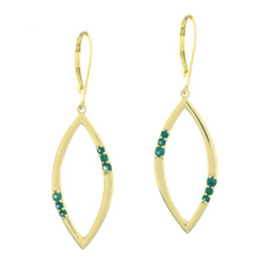 These 14k yellow gold flower petal earrings are accented with tiny blue sapphires.  The earrings are approximately 1 ¼” in length and 3/8” in width. Call for pricing (#210-1517)
