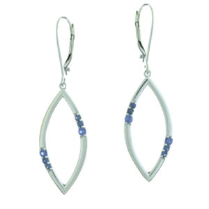 These 14k white gold flower petal earrings are accented with tiny blue sapphires.  The earrings are approximately 1 ¼” in length and 3/8” in width. Call for pricing (#210-1518)
