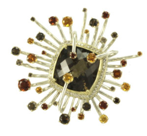 14k white and yellow gold “Solar Burst” broach with citrine, topaz and diamonds
