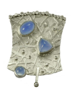 14k white gold and sterling silver with blue chalcedony and diamonds