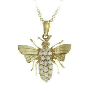 This 18k yellow gold diamond (0.34 ctw G_H, SI) resting bee is approximately 3/4′ in length and 1/2′ in width.  Call for pricing (#160-0949)