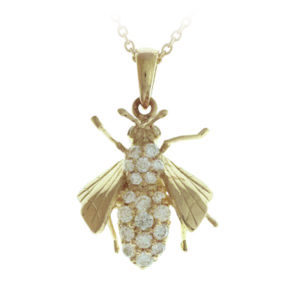 This 18k yellow gold flying bee is adorned with diamonds (0.34 ctw G/H,SI).  The sweet bee is approximately 3/4″ in both length and width. It carries pizzazz! Call for pricing (#160-0948)

