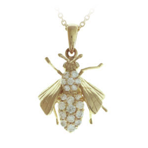 This 18k yellow gold flying bee is adorned with diamonds (0.34 ctw G/H,SI).  The sweet bee is approximately 3/4″ in both length and width. It carries pizzazz! Call for pricing (#160-0948)

