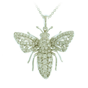 This 18k white gold bee is set with 1.32 ctw of brilliant white diamonds. The bee is approximately an inch in both length and width and sparkles like starlight. Call for pricing (#160-0950)