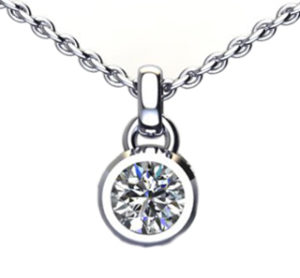 This 14k white gold pendant is set with a ½ carat round brilliant diamond.  This pendant design can nicely accommodate a larger carat diamond as well. Call for pricing (#160-0726)
