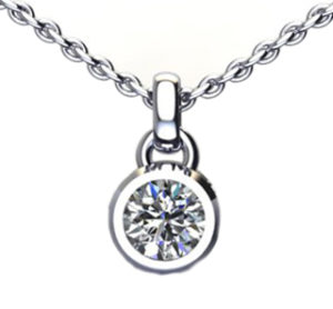 This 14k white gold pendant is set with a ½ carat round brilliant diamond.  This pendant design can nicely accommodate a larger carat diamond as well. Call for pricing (#160-0726)
