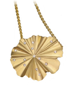 This lovely 18k gold lily pad and koi pendant with .15 ctw diamonds provides the perfect accent to the lily pad cuff bracelet. Call for pricing (#160-0698)