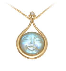 This heartwarming 14k yellow gold pendant features an intricately carved moonstone accented by white diamonds.  Each moonstone is unique and colors vary slightly. Call for pricing (#230-1440)
