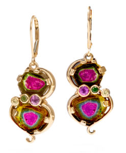 14k yellow gold and watermelon tourmaline slice earrings
