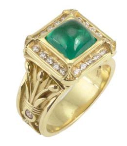 18k yellow gold emerald cabochon and diamond ring