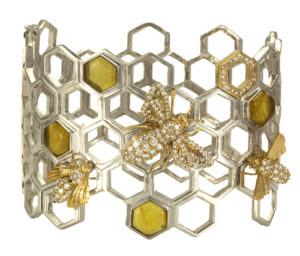 18k white and yellow gold, diamond and amber cuff bracelet
