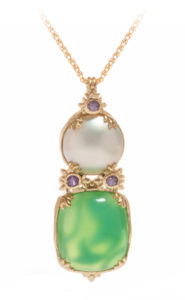 14ky Australian chrysophase and mabe’ pearl and purple sapphire pendant
