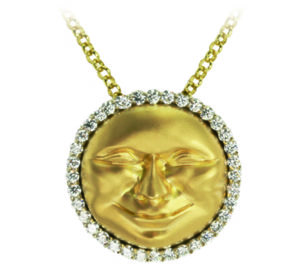 This 18k Yellow gold Sunshine pendant is approximately the size of a quarter.
The smiling sun is accented by 1.2 ctw of brilliant white diamonds. Call for pricing (#160-0687)
